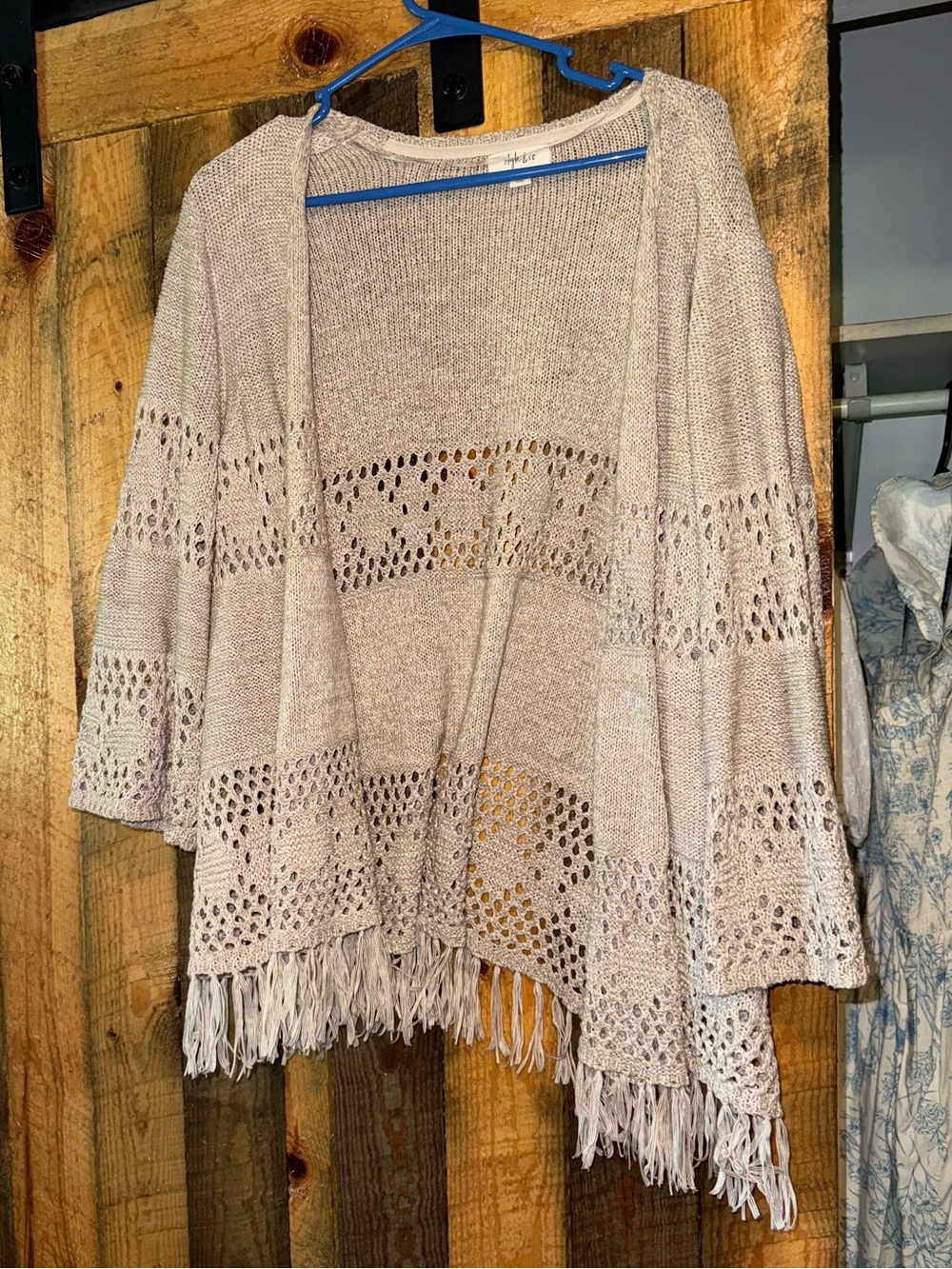 Style & Co. Taupe Open-Knit Fringe Poncho Cardigan